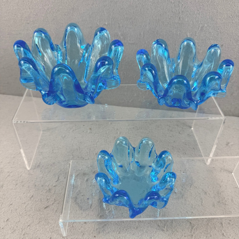 Vintage Blue Hand Blown Art Glass Ruffled Bowl Set of 3 Mid Century Modern Decor